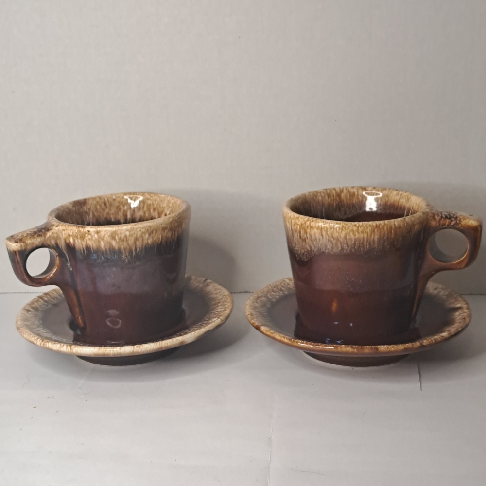 Hull Oven Proof Brown Drip Crestone Coffee Mug Cup & Saucer.